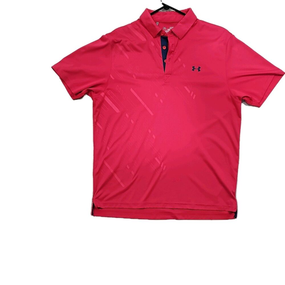 Under Armour HeatGear Golf Polo XL Pink Navy Geometric Loose Fit Short Sleeve